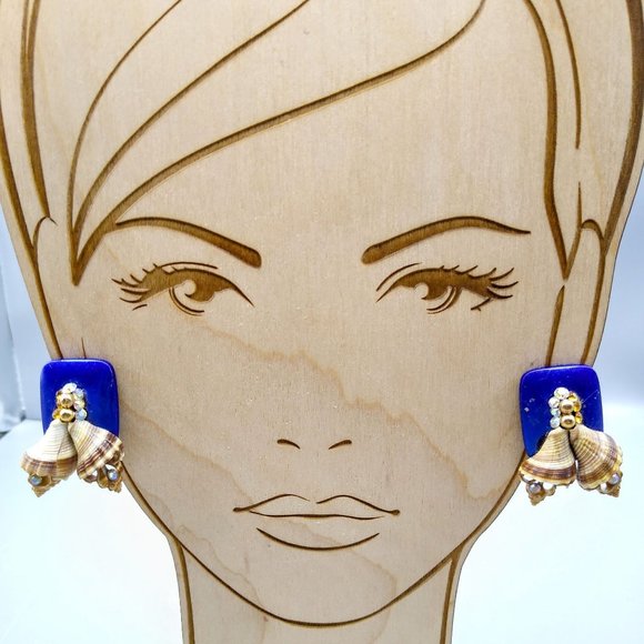 Vintage Genuine Seashell Earrings, Mid Century Blue Lucite w Shell Bells AB - Picture 1 of 6